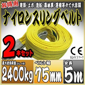 スリングベルト2本セット 5m 幅75mm 使用荷重2400kg 2.4t 吊りベルト ベルトスリング ［ナイロンスリング 吊上げ ロープ 牽引 運搬］