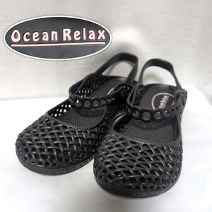 MO■美品■Ocean Relax ラバーサンダル レディース Lサイズ(24〜24.5cm) ストライプ付き ゴム 防水 水遊び 海 川 黒 オーシャンリラックス