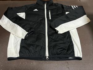 美品adidasダウン90％フェザー10％ダブルファスナー黒、白、ライン白３本ダウンジャケット　サイズXG