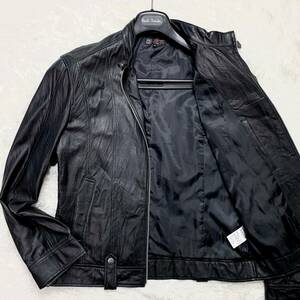 美品/XL相当 ●MICHEL KLEIN ミシェルクラン ラムレザー ジャケット シングルライダース 羊革 シープスキン 51サイズ シワ加工 ブラック 黒