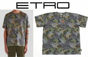 11万新品◆XL◆【ETRO】エトロ◆PEGASOペガソモチーフカモフラージュ柄 PEGAFLYING Tシャツ グレー×カーキ系カラー 1円