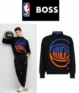 5万新品◆XXL◆ボス BOSS×NBAコラボ NY KNICKS ロゴ ウールブレンド ニットプルオーバー 黒『Knit_Knicks』1円