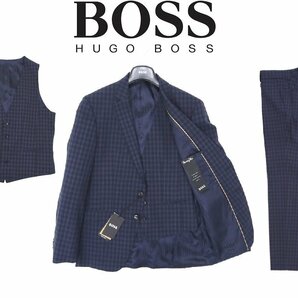 24万新品◆50=L◆BOSS ヒューゴボス Marzotto社 SLIM FIT チェック柄ヴァージンウール 3ピーススーツ 濃青『H_Huge_3Pcs』1円の画像1