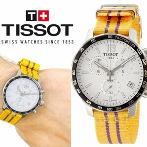 8万新品◆TISSOT ティソ◆クイックスター クロノ NBA LA Lakers 記念モデル 白盤 黄×紫テキスタイルストラップ スイス製 腕時計 1円の画像1