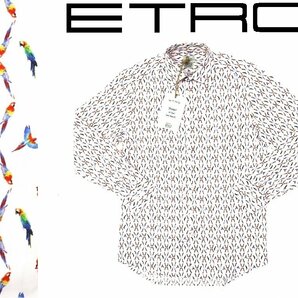 8万新品◆40=M~L◆エトロ◆parrot オウム柄プリント 白系マルチカラー イタリア製ストレッチコットンシャツ【ETRO】1円の画像1