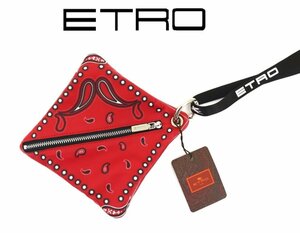 9万新品◆エトロ◆ペイズリーバンダナ柄　ストラップ着脱可マルチユースレザーポーチ 赤【ETRO】1円