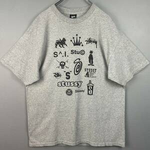 Wm564 STUSSY オールド ステューシー 歴代ロゴ入り フルロゴ 半袖 Tシャツ ロゴT プリントT グレー 灰 メンズ L