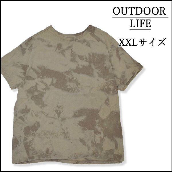 メンズ　ブリーチ半袖TシャツXXL 古着屋　丸首　柄物　ベージュ　ポケット付き