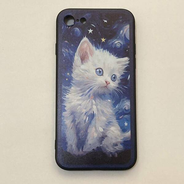 新品送料無料 iphoneケース7/8/SE2.3用 綺麗な猫のスマホケース　白猫　青色　青褐　夜空　cat ネコかわいい　可愛い　癒し　　動物　　夜