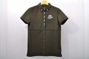 coco★ニューバランス★半袖ボタンダウンポロシャツ★カーキ×黒/ボーダー/ストライプ★1(M)★中古※ネコパケ発送可★77544