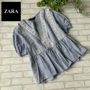 ZARA BASIC 半袖レースブラウス　パフスリーブ　半袖シャツ　トップス　レース　ペプラム　カットソー　春夏