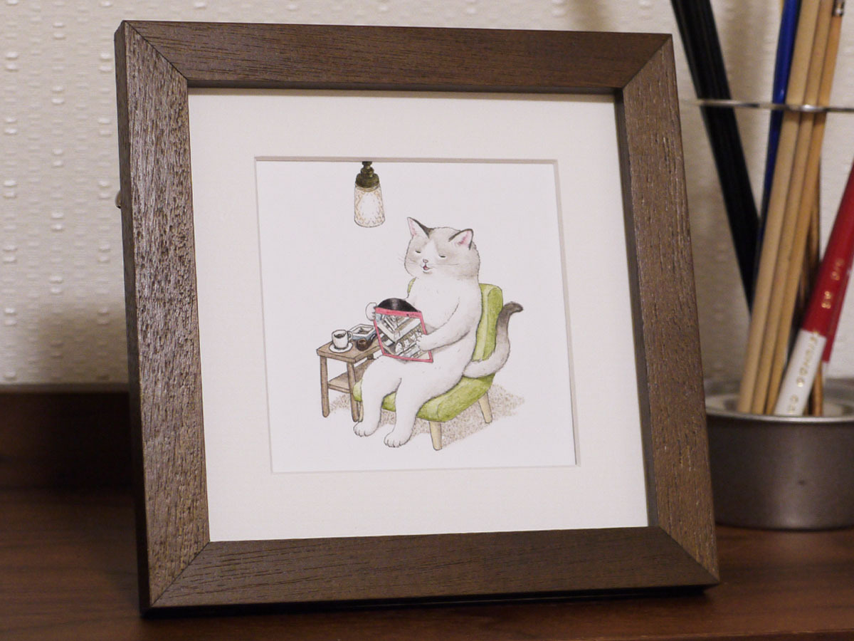 Miniature painting Grandpa Nyan and the Treasure Original painting [elkpot] Authentic | Frame 15cm square, painting, watercolor, animal drawing