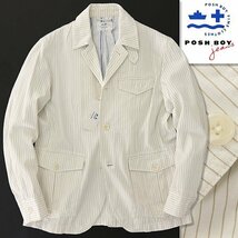 新品 ポッシュボーイ 春夏 ストライプ ドライビング ジャケット L 白 【TJF101_10】 メンズ POSH BOY コットン ストレッチ ブルゾン_画像1