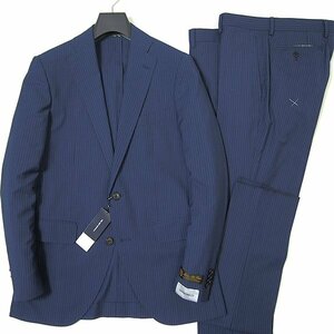 新品 スーツカンパニー ウール シルク ストライプ 2パンツ スーツ YA5 (細身M) 青 【J53492】 170-8D 春夏 シングル ノータック ストレッチ