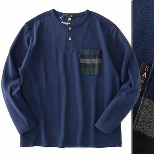  new goods Dux pocket switch Henley neckline cut and sewn LL navy blue [I57388] DAKS LONDON men's T-shirt long T pull over check 