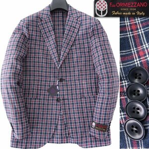 新品 5.3万 ディセント55 イタリア生地 ORMEZZANO チェック リネン ジャケット 50(XL) 紺 赤 【J49214】 DECENT55 春夏 メンズ ブレザー 麻