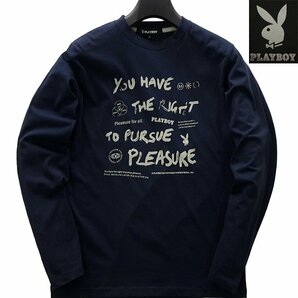 新品 プレイボーイ 24年春夏 プリント カットソー LL 紺【41029_79】 PLAYBOY ロンT バニー ロゴ 長袖 コットン Tシャツ メンズの画像1