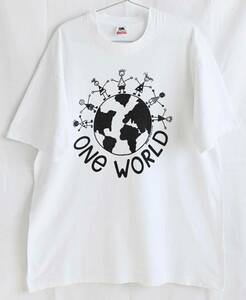 即決【80'sヴィンテージ/ PEACE OF ART】ONE WORLD 落書き風 ポップアートTシャツ/XL/ホワイト/FRUIT OF THE LOOM/アメリカ製(p-242-9-2)