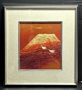  genuine work mountain inside one raw [..] gold . red Fuji / Mai crane pasting . frame 42.5×45.5cm also seal small . peace paper craft / cut ../ landscape painting / work of art / human national treasure / art /.. thing 