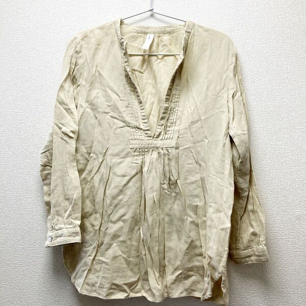 prit リネン混プルオーバー 長袖 ロングシャツ ブラウス 麻 ベージュ トップス Vネック リネンシャツ チュニック