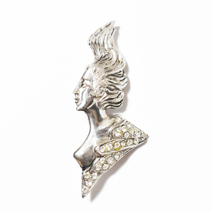 Vintage 1970's silvermetal rhinestone lady motif brooch