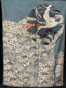 * кимоно ... античный * Edo времена .. место . документ sama журавль вышивка маленький рукав кимоно с длинными рукавами удар . старый ткань старый . времена . ткань оборудование пачка 