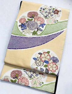 ★きものさらさ　アンティーク着物帯★昼夜帯　梅　桜　菊　匹田文様　刺繍　正絹　大正ロマン　古布　古裂　カジュアル着物　