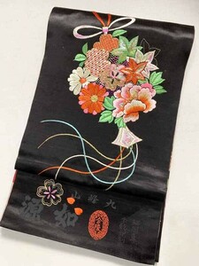 ★きものさらさ　アンティーク着物帯★昼夜帯　花薬玉文様　刺繍　桜　牡丹　菊　絽　黒繻子地　源如　大正ロマン　古布　古裂　正絹