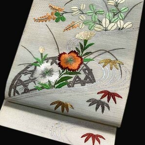 ★きものさらさ アンティーク着物帯★夏帯 絽 刺繍 夏花 撫子 単帯  正絹 大正ロマン 古布 古裂 の画像1