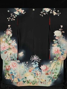 * кимоно ... античный кимоно obi * чёрный кимоно с длинными рукавами день совершеннолетия свадьба бракосочетание костюм .. натуральный шелк Taisho роман старый ткань старый ..
