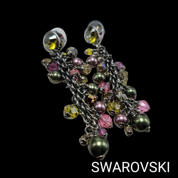 【美品】SWAROVSKI ピアス ロング マルチカラー クローム