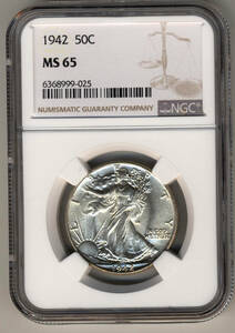 1942年 米国 ウォーキングリバティ ハーフダラー 銀貨 NGC PF65