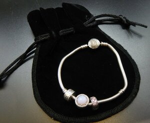 PANDORA☆パンドラ SV925 チャーム付き ト ラインストーン ブレスレット☆Moments Snake Chain Bracelet バングル☆美品☆Z0406903