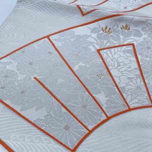 絹　正絹　帯　成人式　振袖　和服　着物　和装小物　金　銀　白系　オレンジ　新品　流水