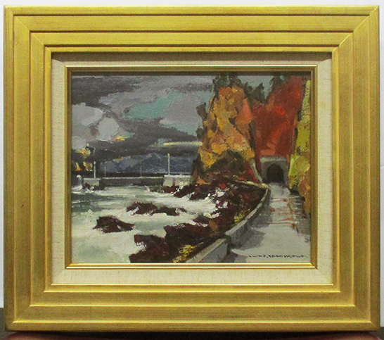 Peinture à l'huile sur la route de Noto d'hiver d'Iwao Takigawa, Toile signature F3, Avec approbation, boîte, sac jaune, Sceau du Daiichi Art Club avec biographie Issokai/Fudokai/Préfecture d'Ishikawa, peinture, peinture à l'huile, Nature, Peinture de paysage