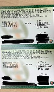 4/29(月曜) ソフトバンクvs埼玉西武 3塁側 外野指定席 2連番