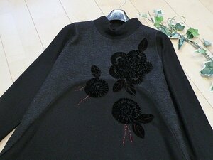 【新品】7744【L】上質 花模様ベロア刺繍 ニットワンピース 黒 長袖 上品 エレガント 40代 50代 60代 秋 冬