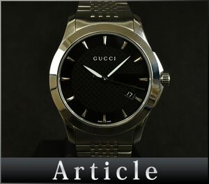 172238◇美品 動作確認済 GUCCI グッチGタイムレス 腕時計 クォーツ デイト 3針 YA126402 SS ブラック シルバー ラウンド メンズ/ D
