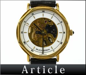 172929□動作未確認 BUCHERER ブヘラ 腕時計 手巻き 3針 ローマン スケルトン GP レザー 革 ホワイト ゴールド メンズ アナログ/ D