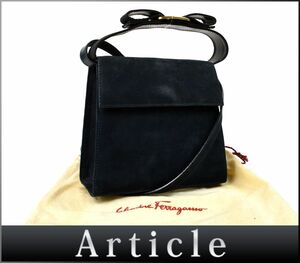 173699◆ Ferragamo フェラガモ ヴァラリボン 2WAYハンドバッグ ショルダーバッグ BC21 3104 スエード レザー ネイビー レディース/ B