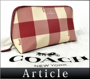 175053◆美品 COACH コーチ チェック柄 ポーチ 小物入れ 化粧ポーチ メイクポーチ F67329 PVC ピンク ホワイト レディース 保存袋/ B