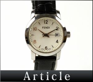 173514□動作確認済 FENDI フェンディ 腕時計 クォーツ デイト 3針 ラウンド 2100L SS レザー 革 ホワイト シルバー レディース/ D