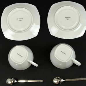 175503◆美品 GIVENCHY yamaka ジバンシィ ヤマカ ティーカップ＆ソーサー2客セット スプーン付 陶磁器 ホワイト シルバー 箱付/ Hの画像3