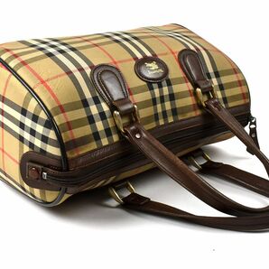 174685◆ BURBERRY バーバリー チェック柄 ミニ ボストンバッグ ハンドバッグ キャンバス レザー ベージュ メンズ レディース/ Bの画像3