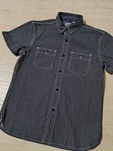 サイズ：38　美品　日本製　FLAT HEAD フラットヘッド ワークシャツ 半袖 ヒッコリー　デニムシャツ