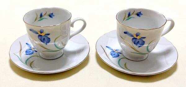 未使用 陶磁器 ブルー花柄 コーヒーカップ&ソ-サ-2客 ペアセット