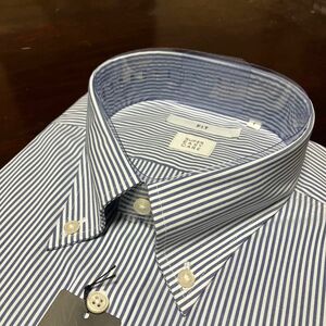 THE SUIT COMPANY 半袖イージーケア ボタンダウンワイシャツ　L(首41㎝) 紺ロンドンストライプ　クールマックス