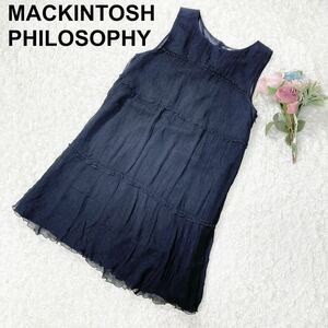 美品 MACKINTOSH PHILOSOPHY マッキントッシュ シフォン ワンピース ノースリーブ ネイビー 38 M レディース B32431-125