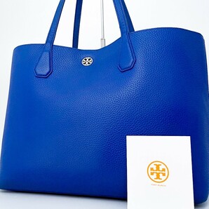 1円■極美品■Tory Burch トリーバーチ ロゴ 希少色 トートバッグ ビジネス ブリーフケース 大容量 A4 レディース メンズ レザー ブルー 青の画像1