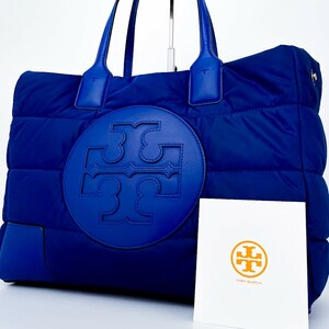 1 jpy # ultimate beautiful goods #Tory Burch Tory Burch pa fur tote bag Logo Don bag business high capacity A4 lady's men's leather blue blue rare color 